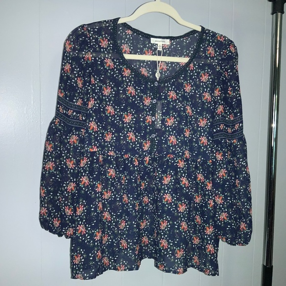 Max Studio Blue Floral 1/2 Button boho peplum blouse Sz S bell sleeve semi sheer - Picture 1 of 7